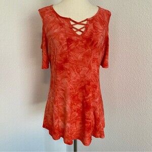 NWOT  Sami & Jo Peach Embroidery Criss Cross V Neck Accent Cold Shoulder Size M